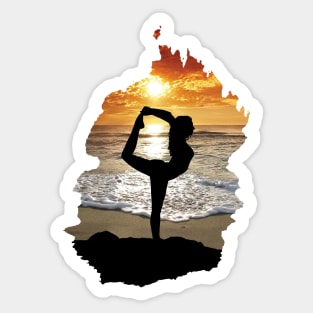 Yoga pose silhouette on beach during sunset (cave view) - ballet, dance, gymnastics - ballerina, dancer, gymnast Sticker